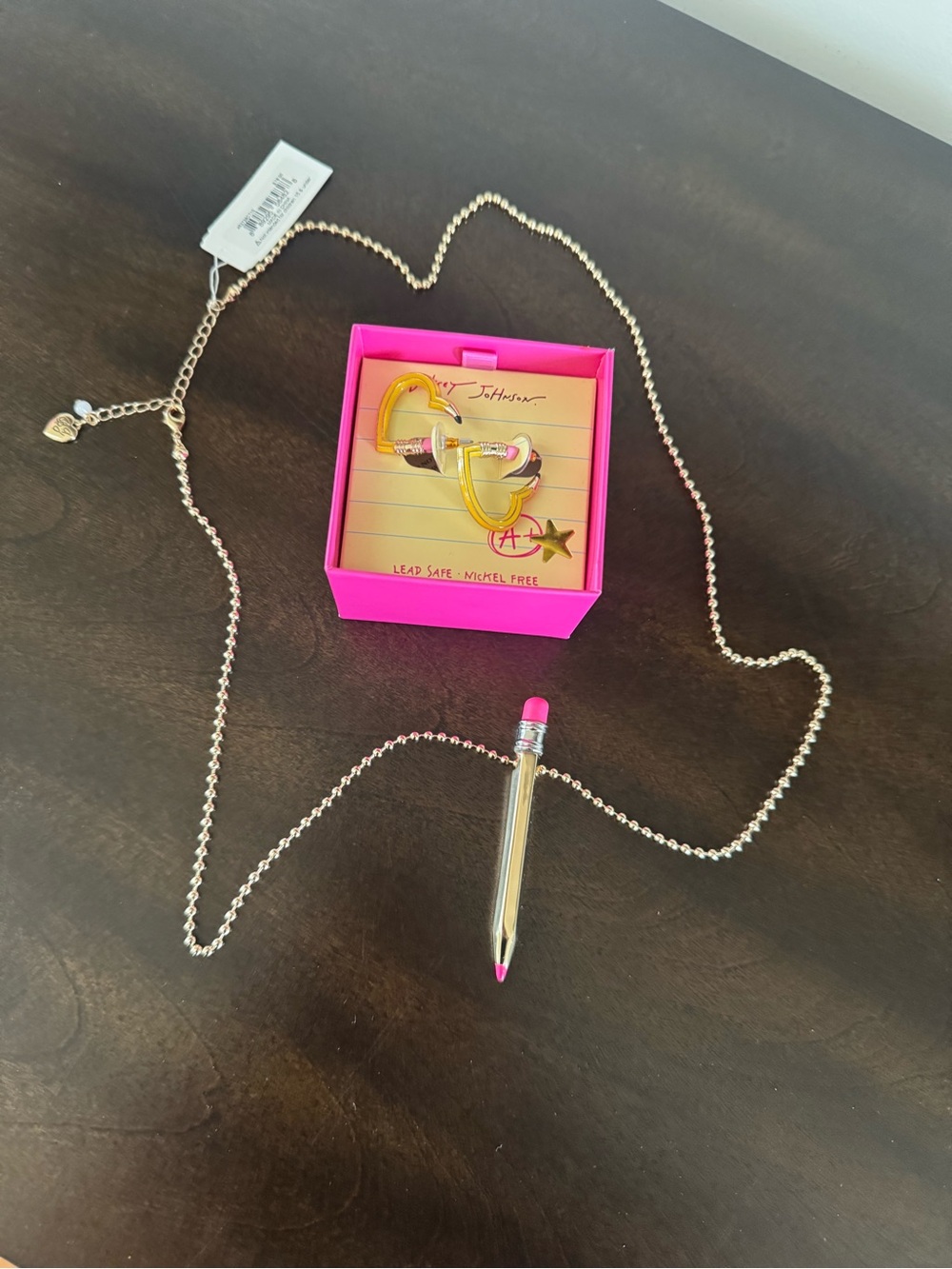 Betsey Johnson Goldtone pencil pendant necklace & matching hoop  earrings